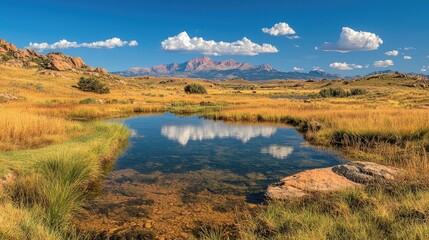 Obraz premium Mountain reflection in tranquil pond, autumnal grasslands, sunny sky