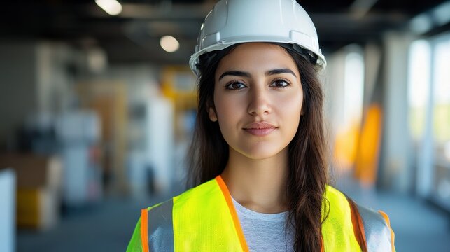 A confident young Hispanic female engineer poses in a construction setting. Wearing safety gear and a hard hat, she represents diversity and empowerment in the engineering field.