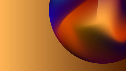 An abstract digital illustration featuring a gradient sphere blending rich hues of gold, orange, deep purple, and red against a brown gradient background. The design has a fluid, 
