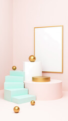 pastel platforms and golden spheres in a minimalist composition
