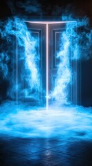 An eerie open door glowing blue, enveloped by fog and water