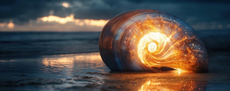 Glowing seashell with golden light on beach at dusk