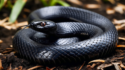 Obraz premium Black Mamba Coiled and Resting, Showcasing Its Sleek, Dark Scales, Powerful Body, and Lethal Presence in a Close-Up Wildlife Scene