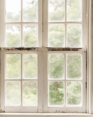 Elegant French Country Double Window Frame Set with Classic White Trim and Weathered Wood Texture Perfect for Interior Design