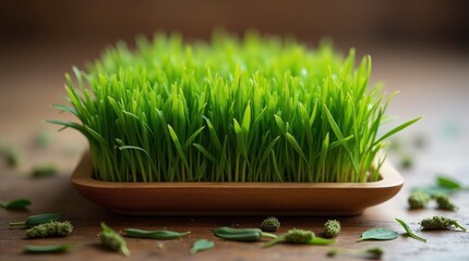 Wide vibrant cat grass in wooden tray with scattered catnip leaves on rustic table, ideal for cozy pet-themed