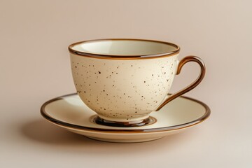 A speckled beige teacup with a brown rim sits on a matching saucer.