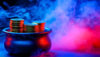 Gold coins are inside of a spooky colored bubbling cauldron