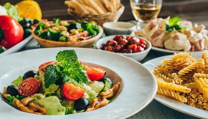The Table is Filled with Dishes and Food &ndash; A Set of Salads, Pasta, and Snacks, Food Background