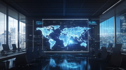Modern office with world map projection, overlooking city. Potential use for futuristic, technology-driven workplace