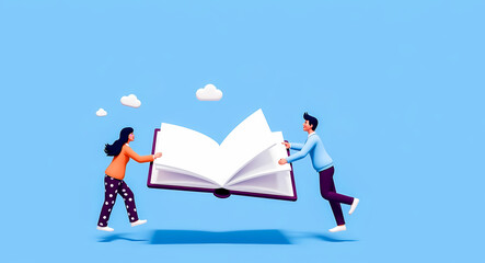 Fototapeta premium man and woman collaboratively carry a large open book