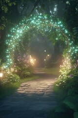 Enchanted Forest Portal with Bioluminescent Flora and Mystical Fog Perfect for Fantasy and Gaming Artwork