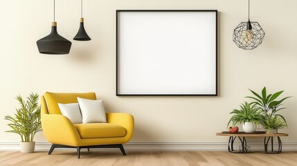 Yellow chair is in front of a white framed picture