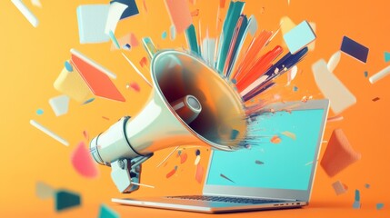 Megaphone projecting from laptop, vibrant colors, digital communication, social media promotion
