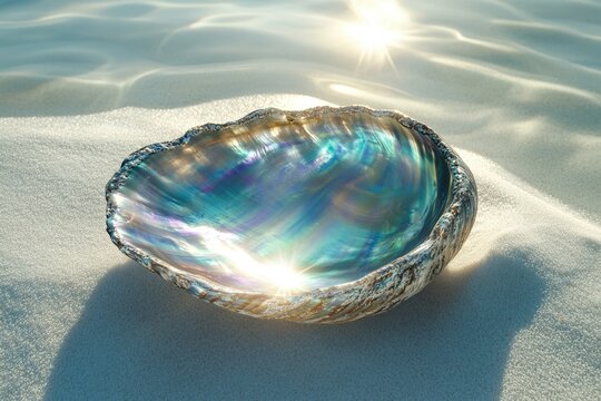 A iridescent abalone shell rests on sun-drenched white sand, reflecting the sunlight.