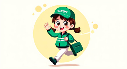 cheerful cartoon delivery girl in a green uniform runs and waves delivering packages