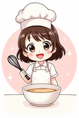 cheerful cartoon girl chef holds a whisk and stands before a bowl of batter