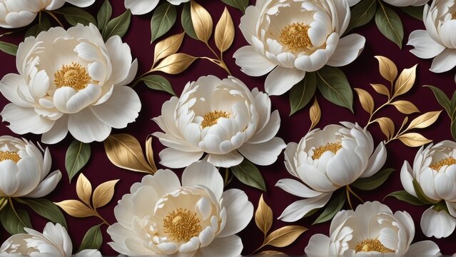 Elegant floral pattern with white peonies and golden leaves on a deep burgundy background. Luxurious, romantic design perfect for backgrounds, textiles, or sophisticated projects.