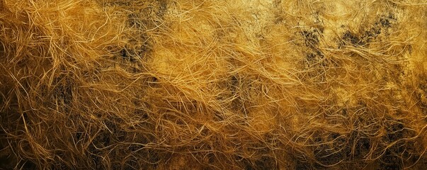 Golden abstract texture of tangled fibers with intricate patterns and rich details