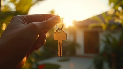 Real estate professional gripping house key while standing near newly purchased home during golden sunset, symbolizing successful property ownership and life milestone - Powered by Adobe