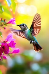 Fototapeta premium Exotic Hummingbird Hovering Near Vibrant Tropical Flowers in Lush Rainforest Setting with Soft Morning Light and Natural Bokeh Effect