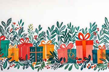 Decorative holiday border featuring greenery and vibrant gift boxes.