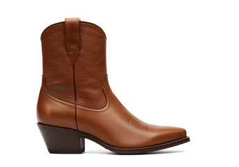 Brown leather cowboy boot. Minimalist design. Contemporary style. Traditional western footwear. Classic country style. Trendy design. Concept for fashion rural theme. Isolated background.