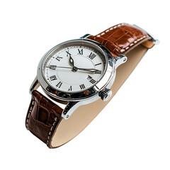 Womens Fashion Watch with Brown Leather Strap Isolated on Transparent Background
