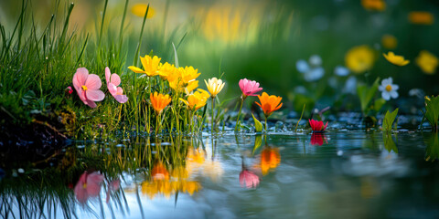 Spring Wildflowers Reflecting in a Tranquil Pond