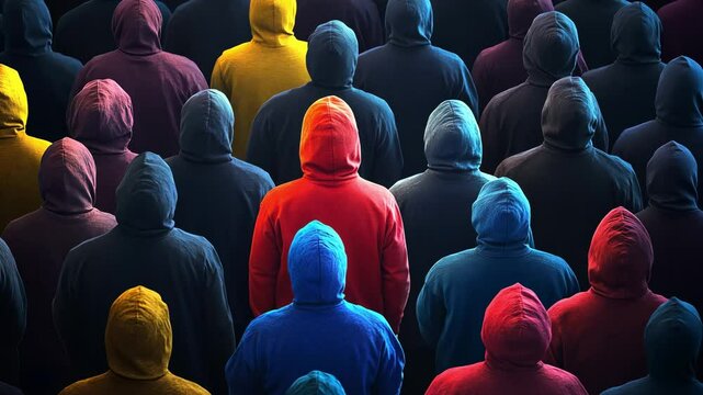 A large crowd of people in various colored hoodies stands together in a city setting, showcasing unity and diversity, back view