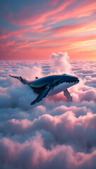 Fototapeta premium A whale breaching through a sea of clouds at sunset, dreamlike and surreal. Majestic ocean life meets ethereal sky in a breathtaking scene.