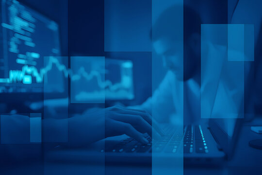 Hands Typing on Laptop with Overlayed Data Charts