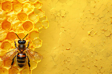 Macro photography of working bees in honeycombs beehive and collecting honey nectar. Concept of organic eco-products, extraction, agriculture and healthy with copy space