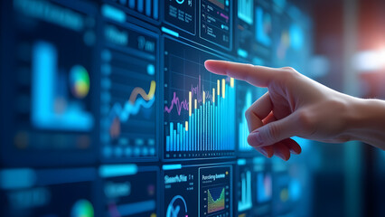 Interactive data analytics dashboard with vibrant charts, graphs, and a realistic hand pointing. Features bar charts, line graphs, and pie charts in a futuristic, modern design.