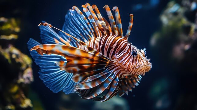 Graceful Lionfish Swimming in Crystal Clear Waters Against Dark Background Marine Life Photography