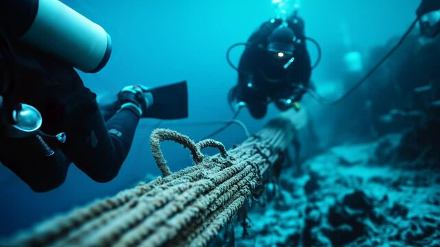 Professional commercial divers working underwater, securing and inspecting subsea infrastructure, maintaining critical marine cable or pipeline in deep ocean environment