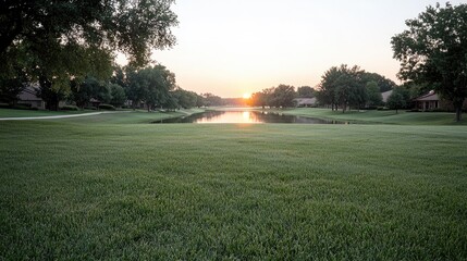 Sunrise over a golf course, calm morning, residential neighborhood. Possible use Stock photo for real estate, nature, or golf advertisements