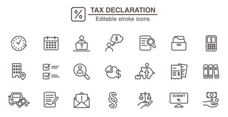 Tax return, tax declaration icons. Line icon set with editable stroke.