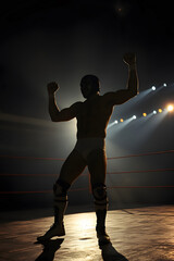 Masked Luchador Triumphs in Backlit Ring Corner