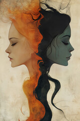 Dual Portrait Of Woman With Orange And Black Silhouette Facing Opposite Sides Showing Simplicity And Complexity