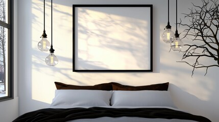 Bed with a black and white framed picture hanging above it