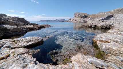 Calm coastal cove, clear water, rocky shore, distant mountains, sunny day, travel