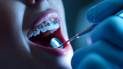 Obraz premium Braces on teeth are being examined with a dental mirror by a gloved hand. Concept: Dental care and orthodontics.