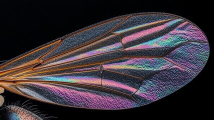 Ultra Sharp Macro Photograph of Housefly Wing with Iridescent Microtextures and Fine Veins