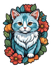 little white cat with flowers cartoon ornament sticker illustration