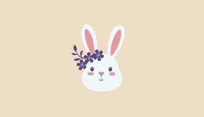 Cute illustration of a bunny with flowers on a beige background.