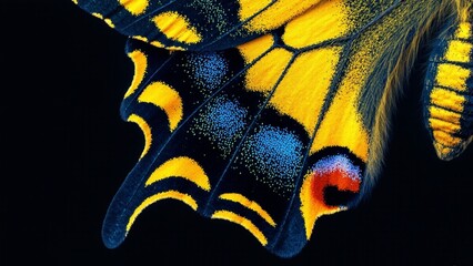 Ultra Sharp Macro Photograph of Swallowtail Butterfly Wing with Vivid Colors and Delicate Tail Extensions