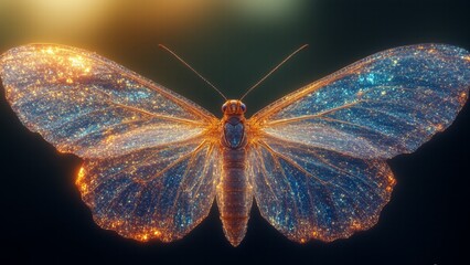 Ultra Sharp Macro Photograph of Glasswing Butterfly Transparent Wing with Golden Veins and Iridescent Glow