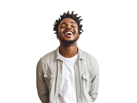 A delighted man smiling and closing his eyes with happiness, isolated on a white background, full-length 