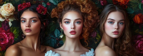 Obraz premium Three young women with elegant hairstyles posing against floral background