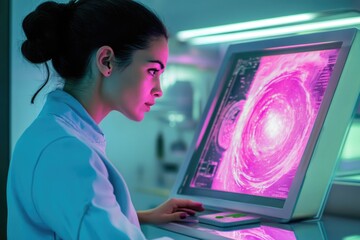A female scientist analyzes swirling data on a computer screen in a futuristic lab.